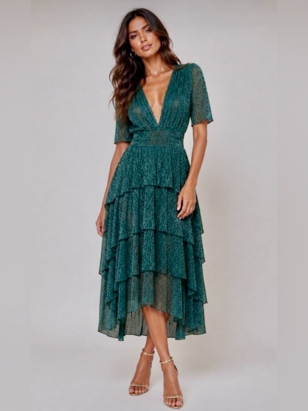 Maje Ruffine Ruffini metallic shimmer smock waist tiered high low dress size 42